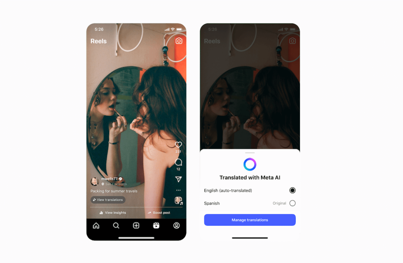 Phone screen showing AI-dubbed Instagram Reels in English and Spanish